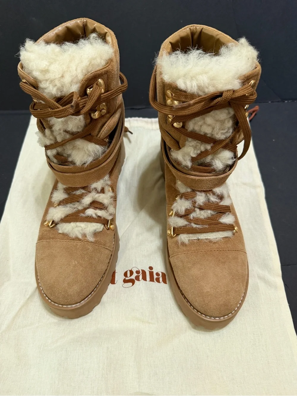 Cult Gaia Paola Faux Shearling Trim Tan Suede Lace-Up Winter Boots